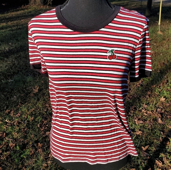 NWT Red & white striped short sleeve tee with black trim & cherries NEW small - Picture 1 of 6